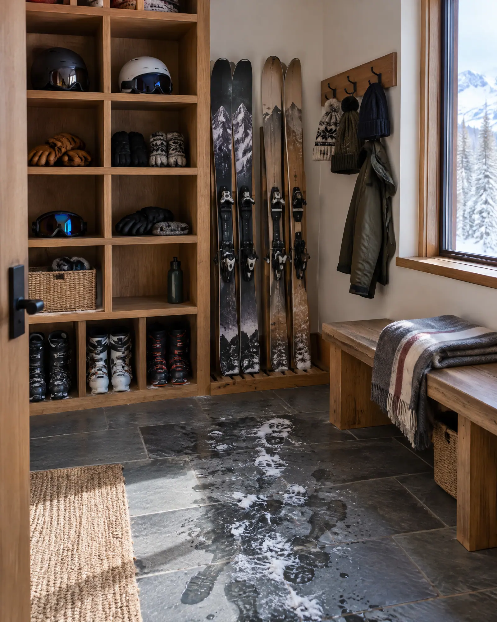 A mudroom with ski boots, helmets and skis in wooden cubbies