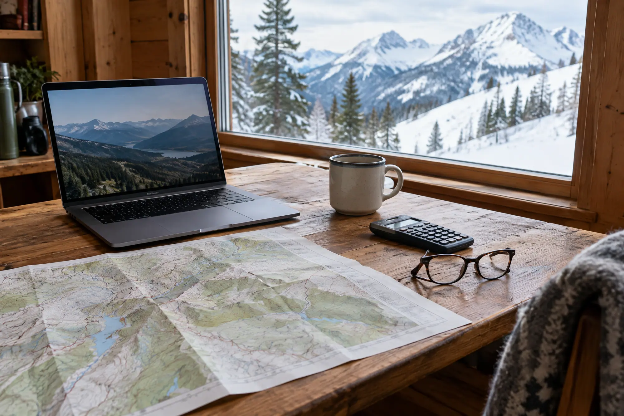 A cabin desk with a laptop, a topographic map and a calculator