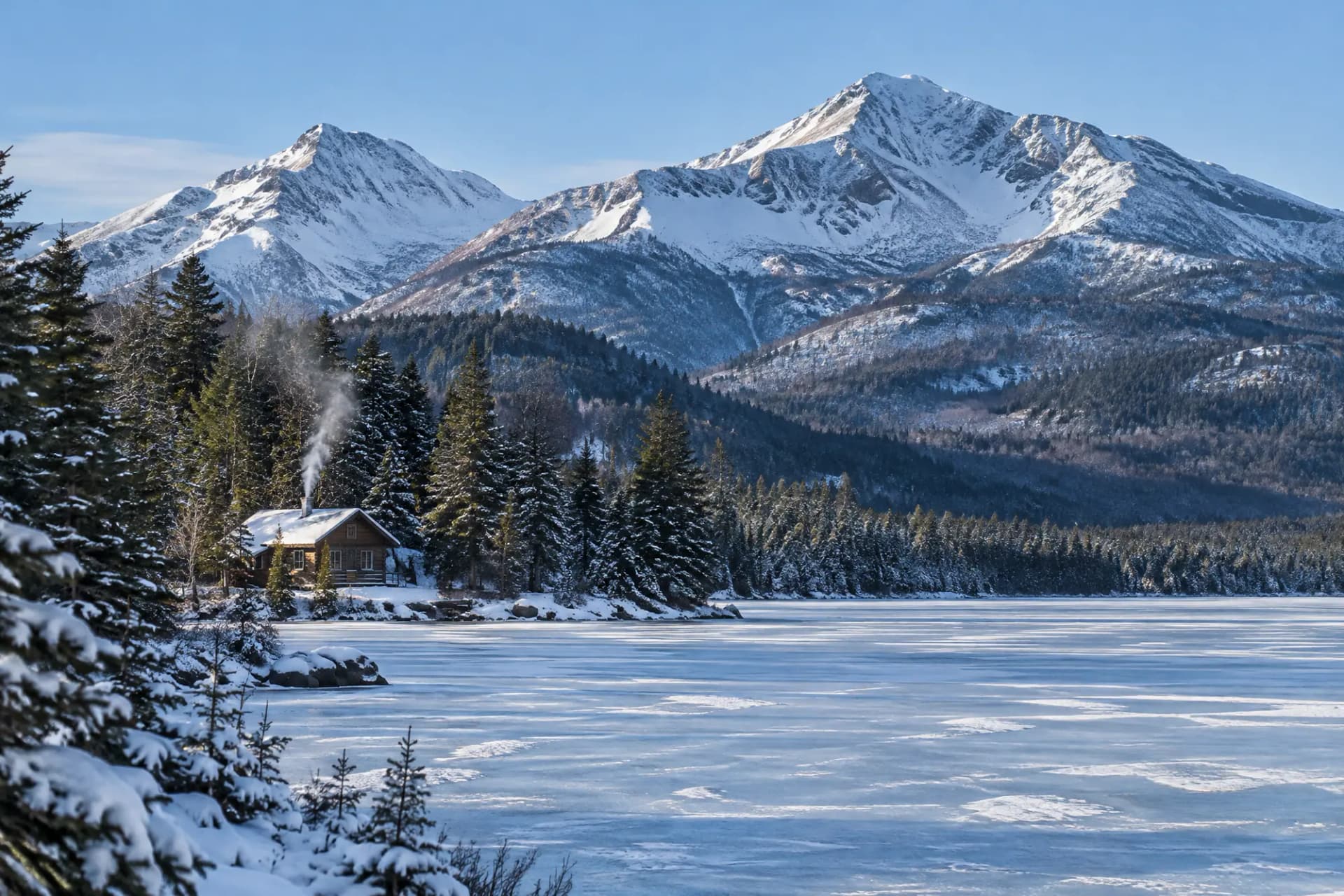 Snowy high peaks above a frozen lake and a lakeside cabin