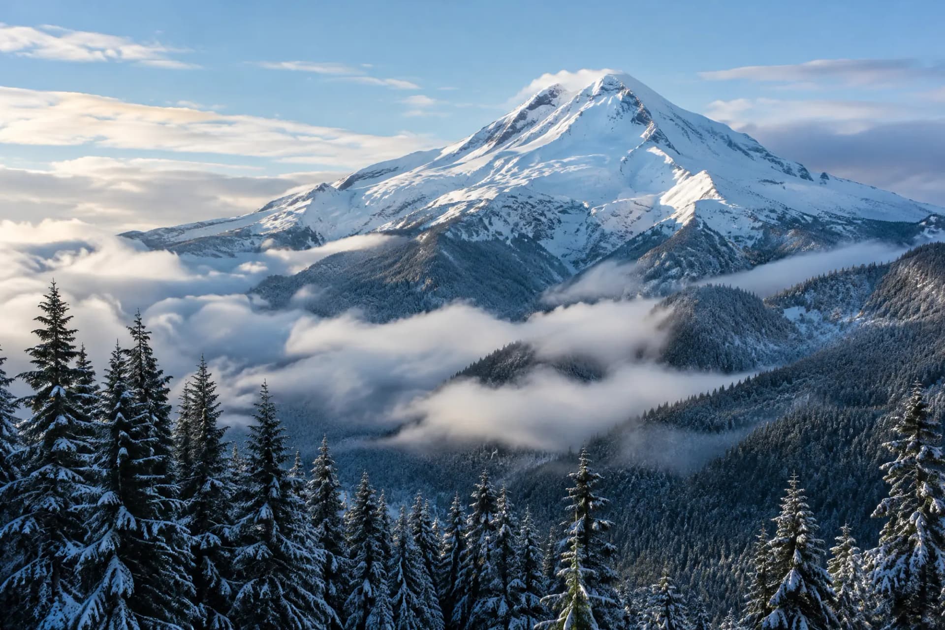 A snow-covered volcanic peak above snowy evergreen forest