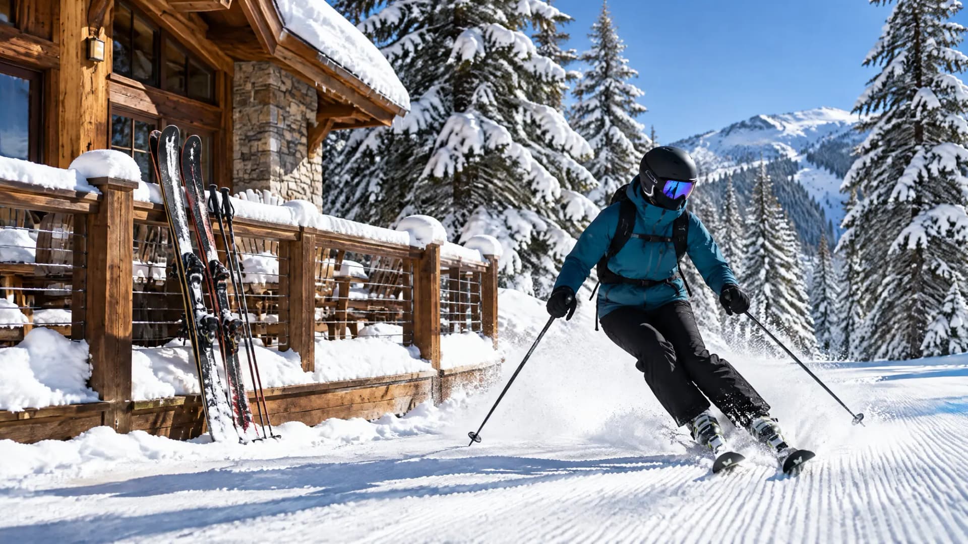 A skier gliding past the back deck of a chalet on a groomed trail