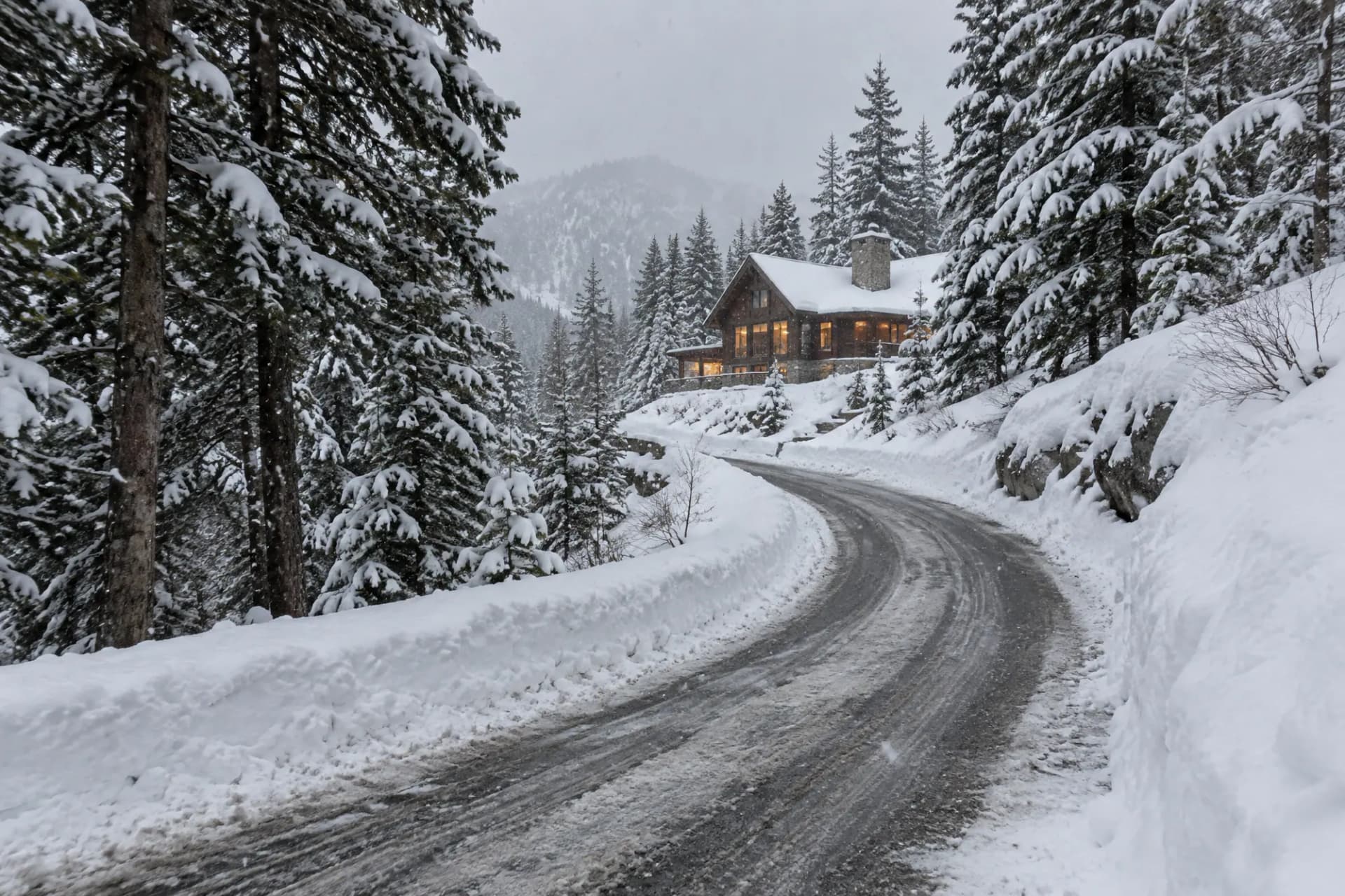 A plowed private road climbing through snowy forest to a cabin